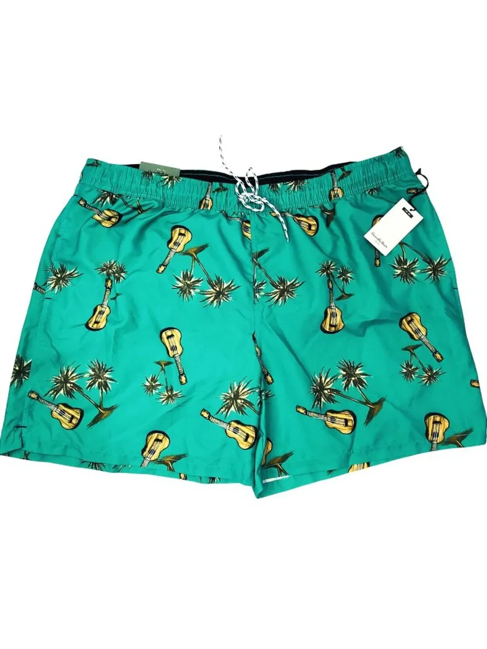 Goodfellow & Co Mens Teal Swim Trunks XXL Palm Tree Guitar Print UPF 50+ NEW